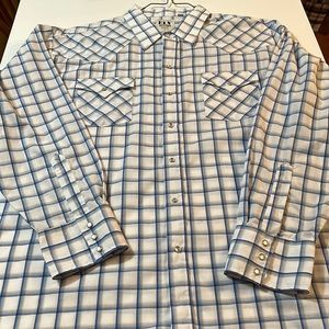 Ely Cattleman White Blue Tan Plaid Cowboy Western Shirt XXL